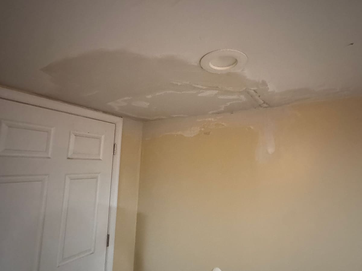 Patched, skimmed and painted ceiling with a recessed light
