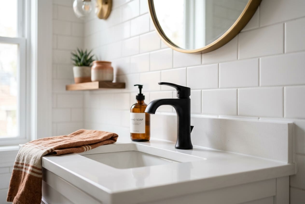 New matte black faucet on a white vanity with fresh caulk