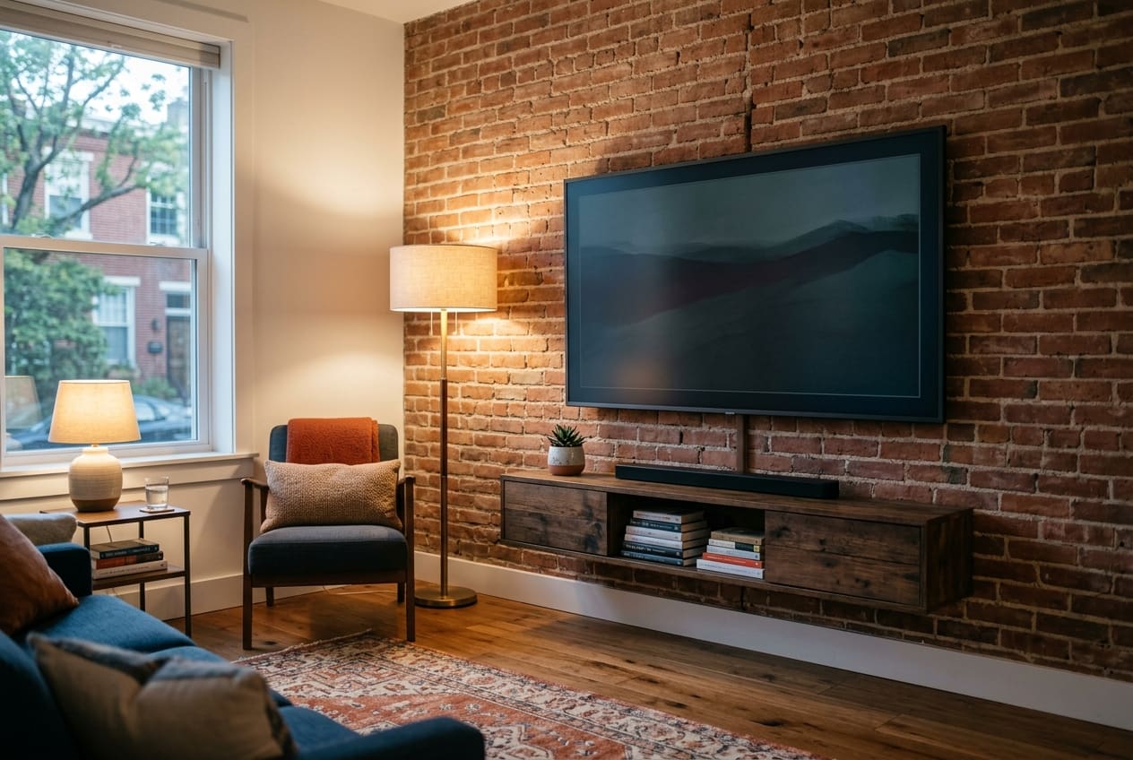 Flat-screen TV mounted on an exposed brick wall